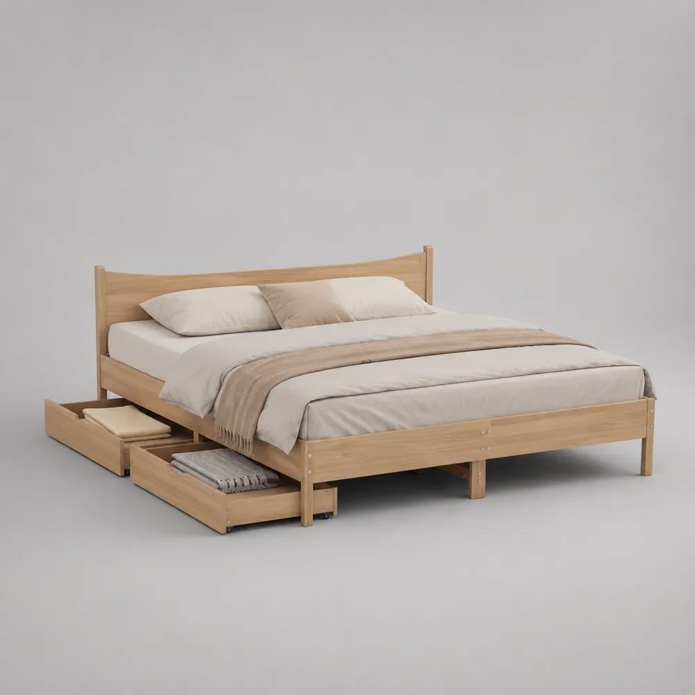 Letto matrimoniale in legno massello di pino naturale con 2 cassetti, 208 x 168 x 90 cm, per materasso 160 x 200 cm
