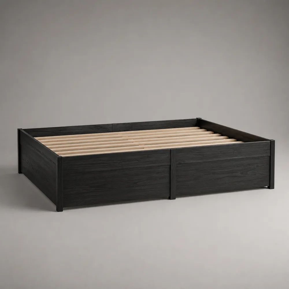 Letto matrimoniale in legno con rete a doghe, senza testiera, nero effetto frassino, superficie di riposo 160 x 200 cm, dimensioni 166 x 206 x 40 cm