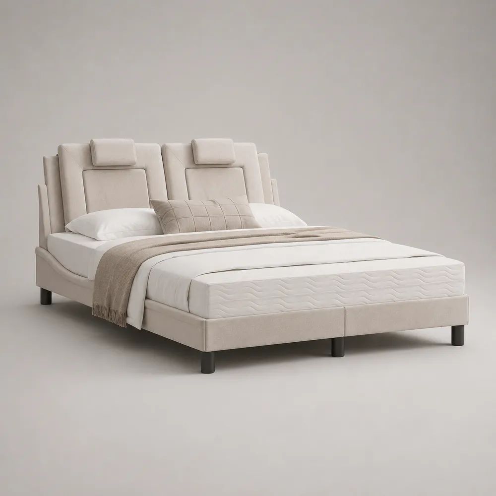 Letto matrimoniale imbottito in tessuto beige e nero 180 x 200 cm con testiera doppia e 2 poggiatesta, 218 x 190 x 125 cm