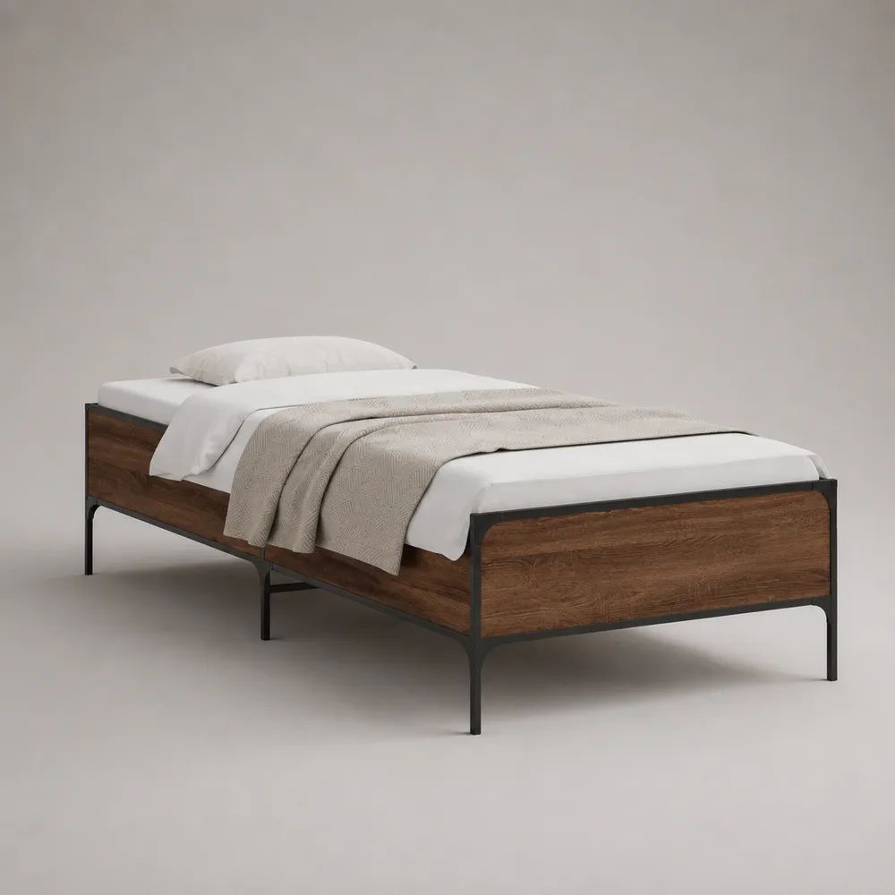 Struttura letto singolo 96 x 206 x 70 cm per materasso 90 x 200 cm in acciaio e MDF, marrone noce e nero