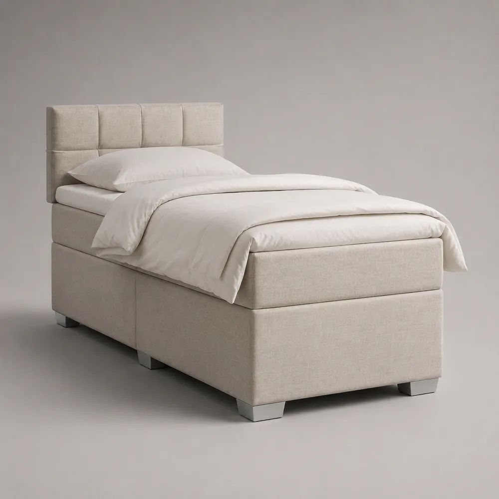 Letto singolo imbottito in tessuto beige 100 x 210 x 110 cm per materasso 90 x 200 cm con testiera a pannelli