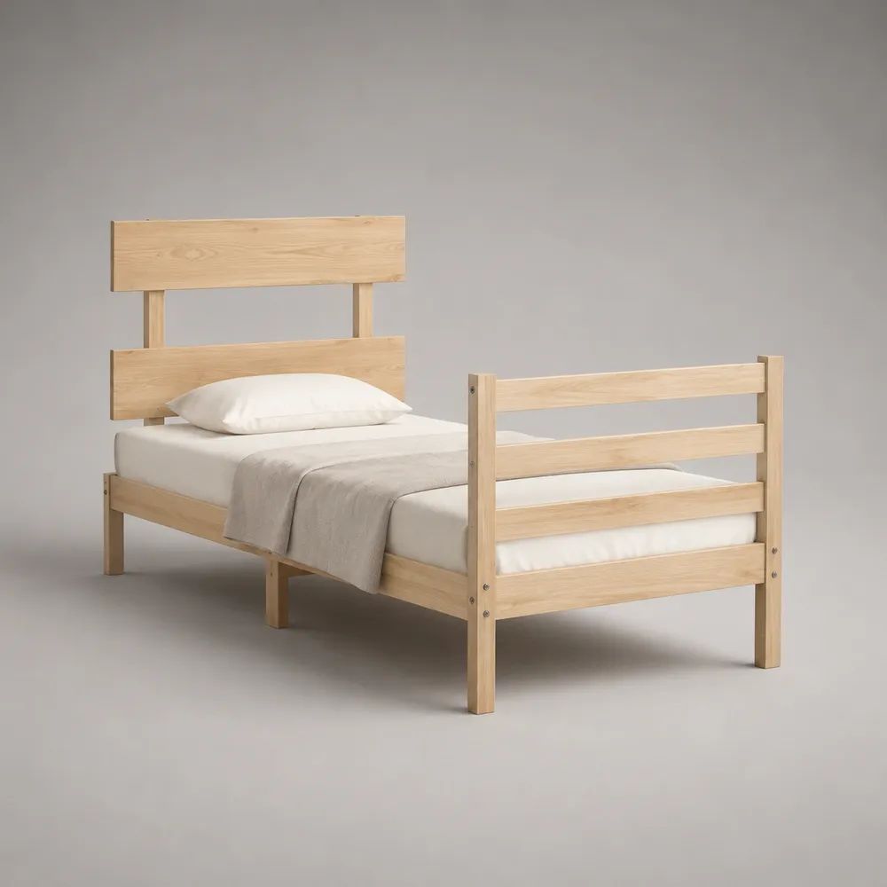 Letto singolo in pino massello naturale con sponda laterale e rete a doghe, materasso 90 × 200 cm, dimensioni 209 × 99 × 140 cm, beige chiaro