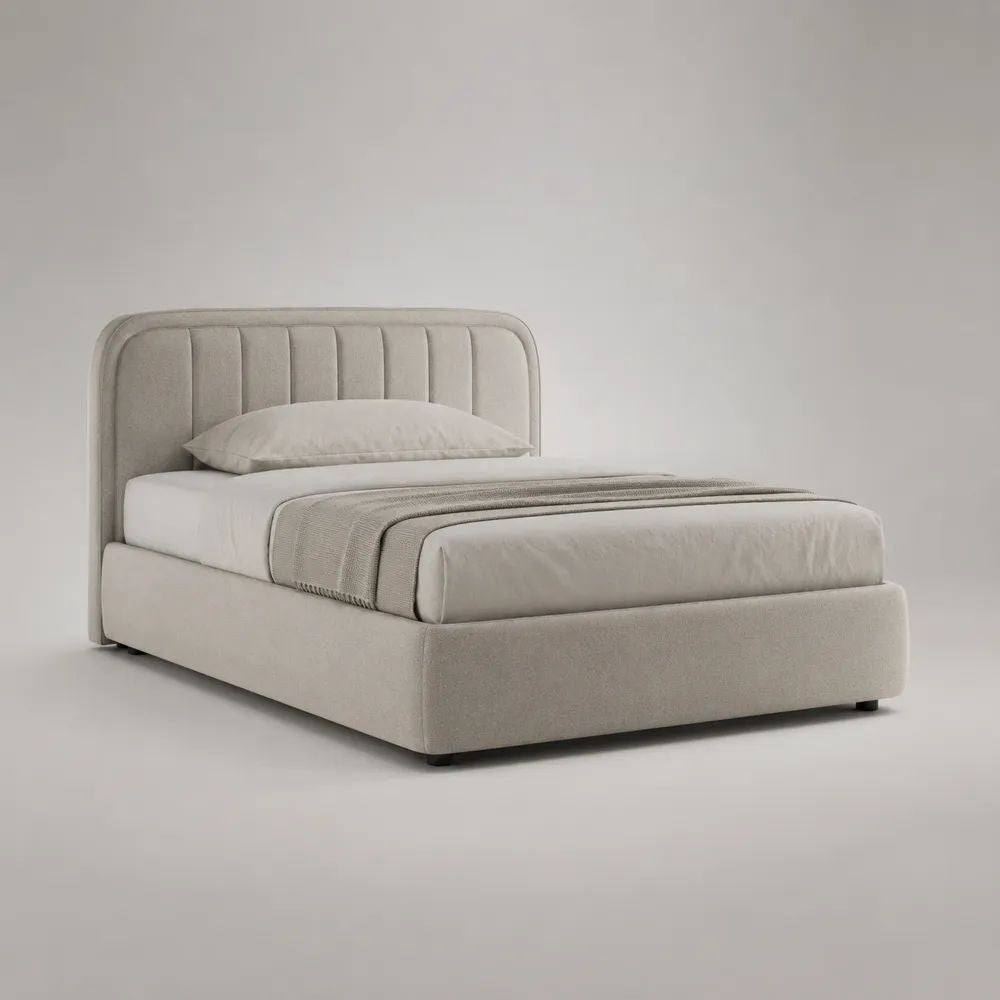 Letto matrimoniale imbottito 160 x 200 cm in poliestere beige con testiera scanalata e rete a doghe