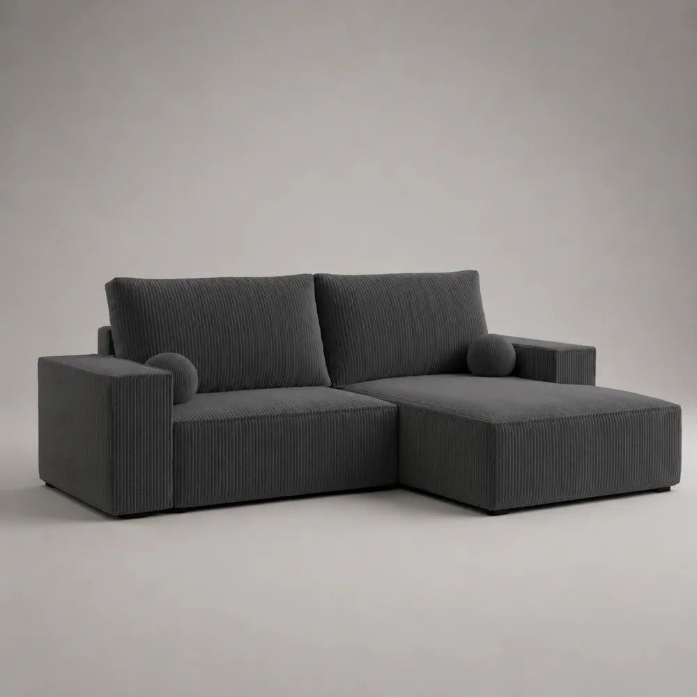 Divano angolare 3 posti con penisola destra in velluto a coste grigio antracite, 250 x 170 x 85 cm