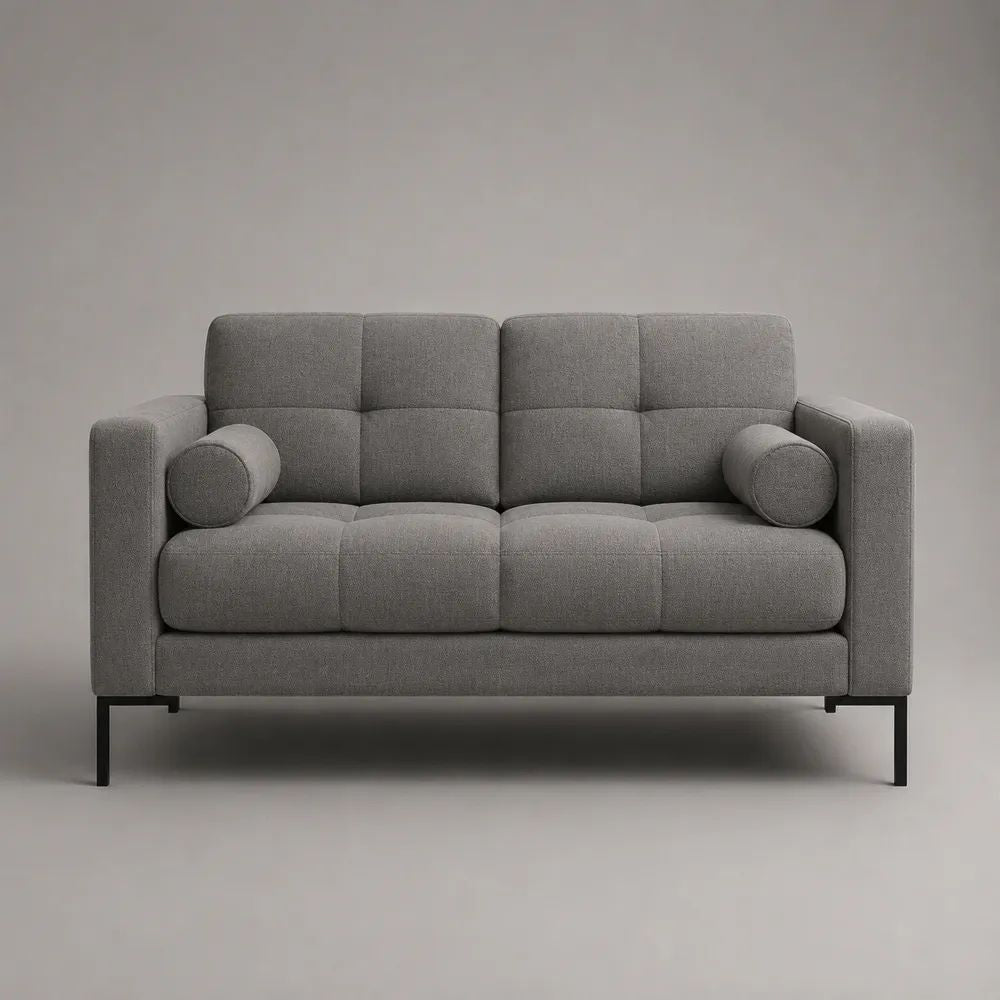 Divano 2 posti grigio in tessuto con 2 cuscini cilindrici, 180 × 82 × 86 cm