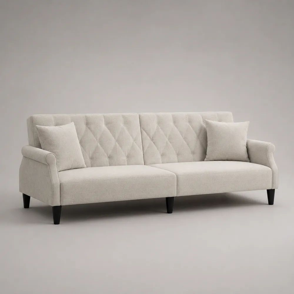 Divano lineare 3 posti in tessuto crema con schienale trapuntato, 210 x 82 x 84 cm