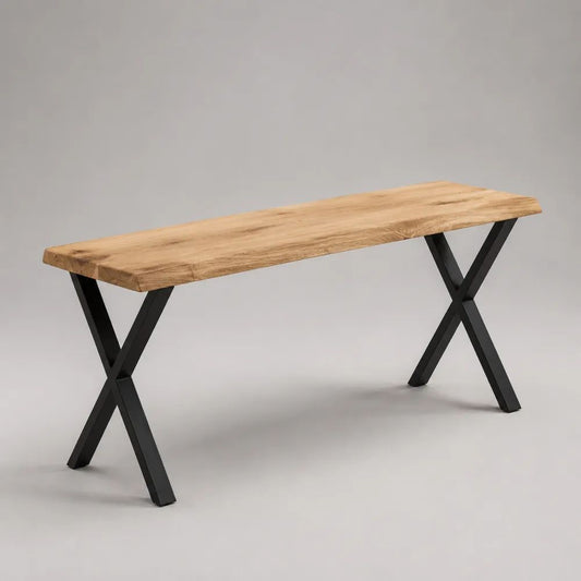 Panca rettangolare in legno massello e acciaio, naturale e nera, 160 x 40 x 45 cm