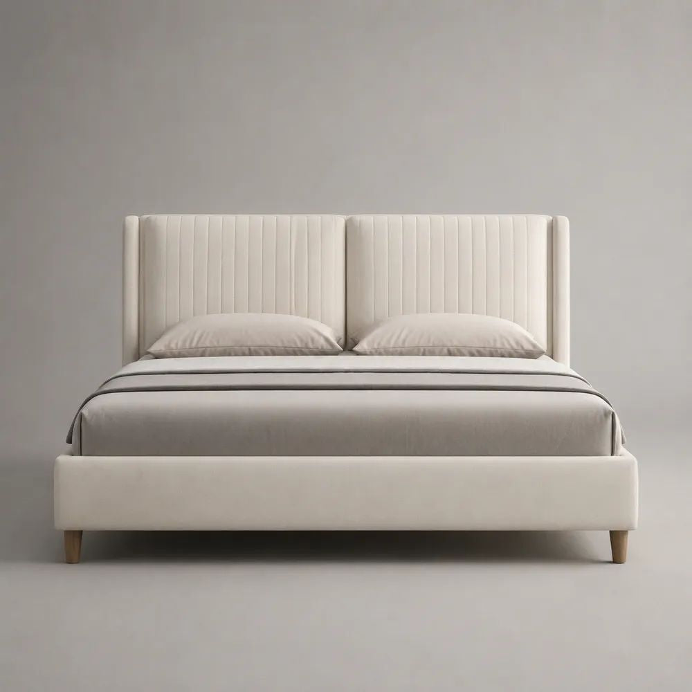 Letto matrimoniale imbottito beige 160 x 200 cm in tessuto con testiera scanalata e rete a doghe