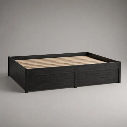 Letto matrimoniale in legno con rete a doghe, senza testiera, nero effetto frassino, superficie di riposo 160 x 200 cm, dimensioni 166 x 206 x 40 cm