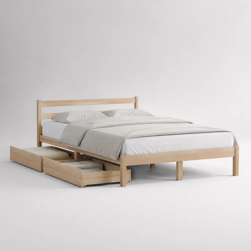 Letto matrimoniale in legno beige naturale con rete a doghe e 2 cassetti, 168 x 208 x 90 cm, per materasso 160 x 200 cm