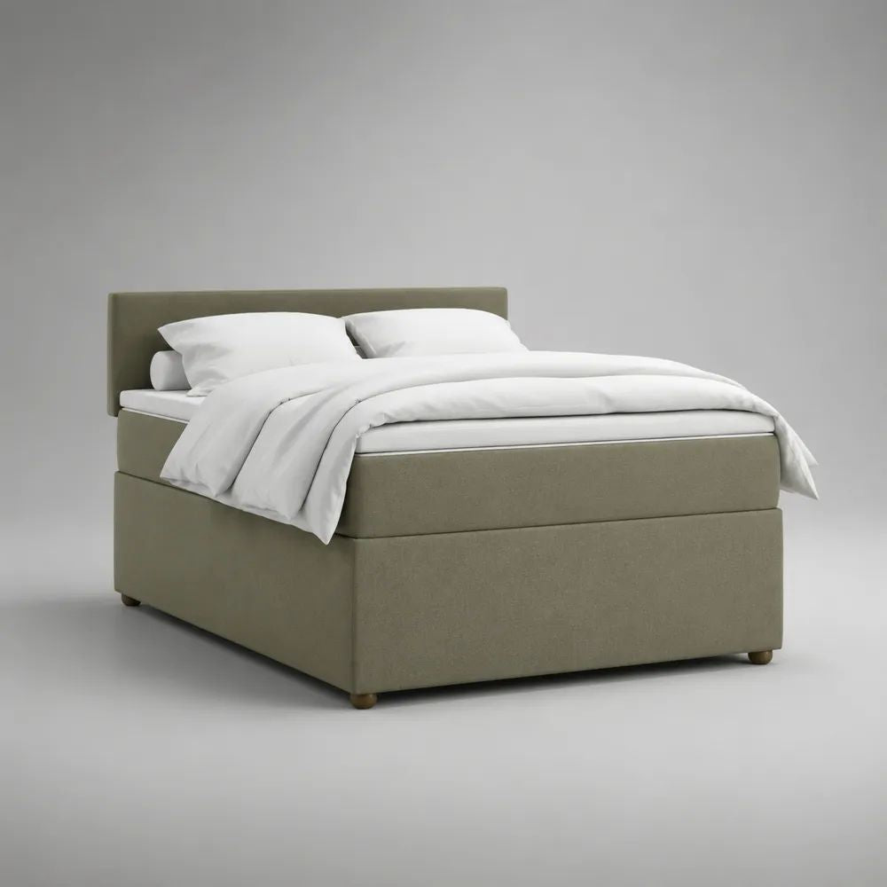 Letto boxspring matrimoniale rettangolare 160 x 200 cm in poliestere verde oliva con testiera, materasso e topper, 170 x 210 x 110 cm