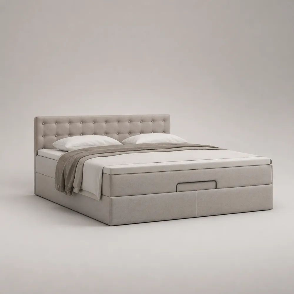 Letto matrimoniale contenitore imbottito in tessuto beige chiaro con testiera capitonné, 160 × 200 cm
