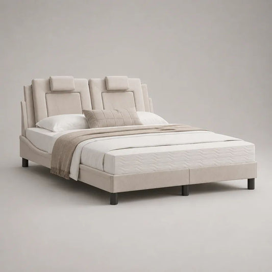 Letto matrimoniale imbottito in tessuto beige e nero 180 x 200 cm con testiera doppia e 2 poggiatesta, 218 x 190 x 125 cm