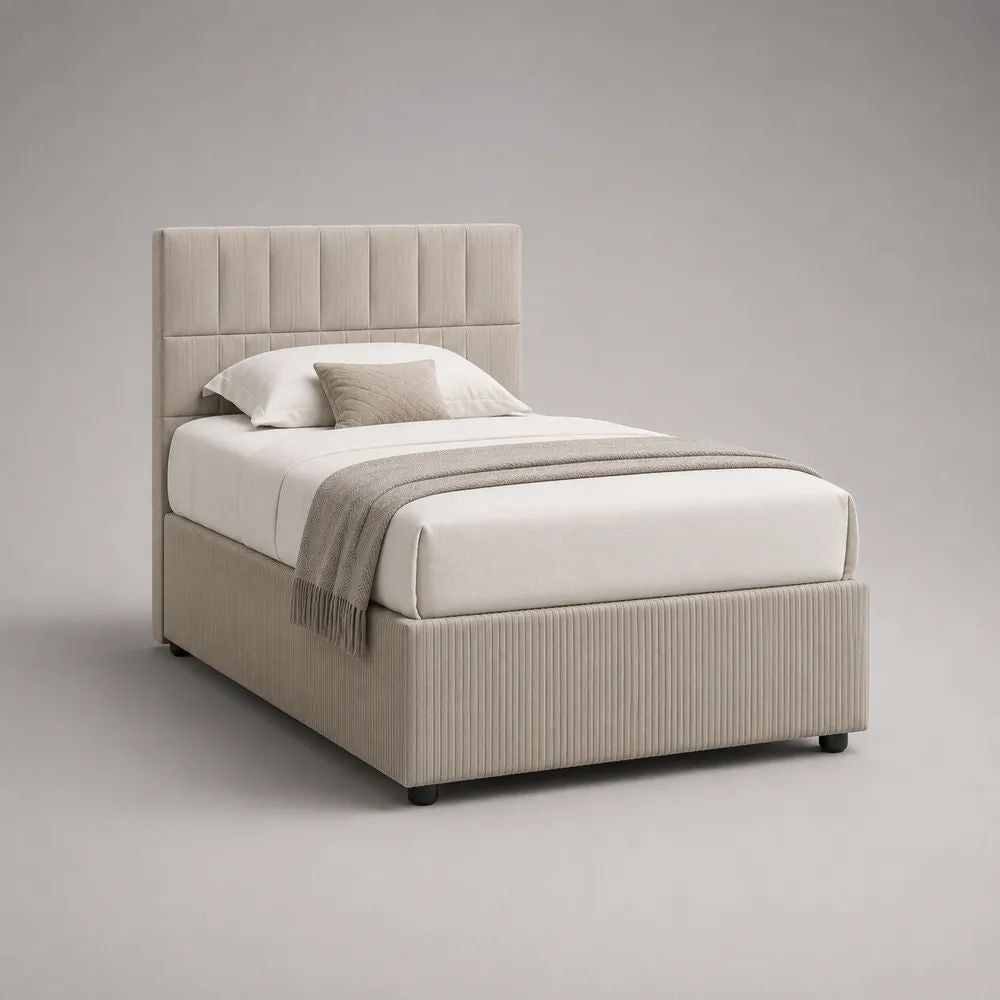Letto imbottito una piazza e mezza 126 x 210 x 125 cm, rete 120 x 200 cm, velluto a coste beige, testiera e doghe