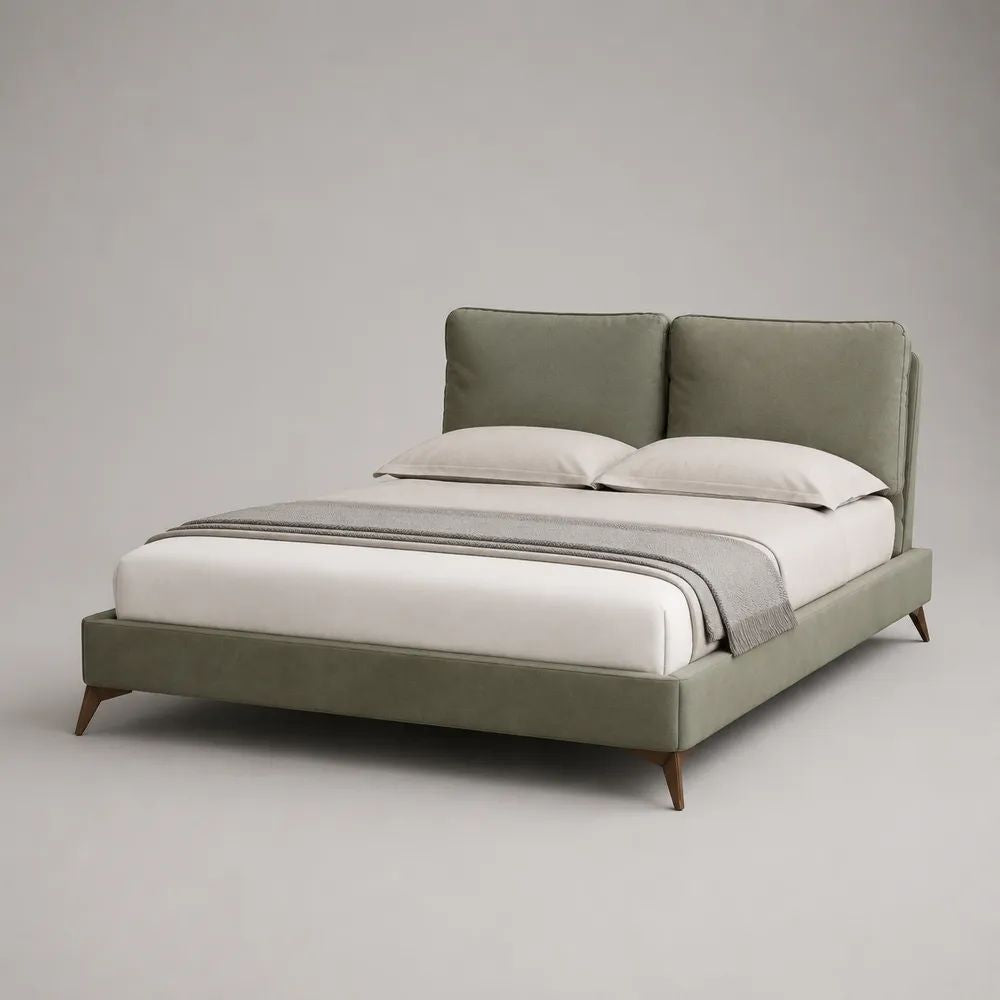 Letto matrimoniale imbottito in velluto verde salvia con testiera a cuscini e rete a doghe, per materasso 160 x 200 cm, 177 x 218 x 112 cm
