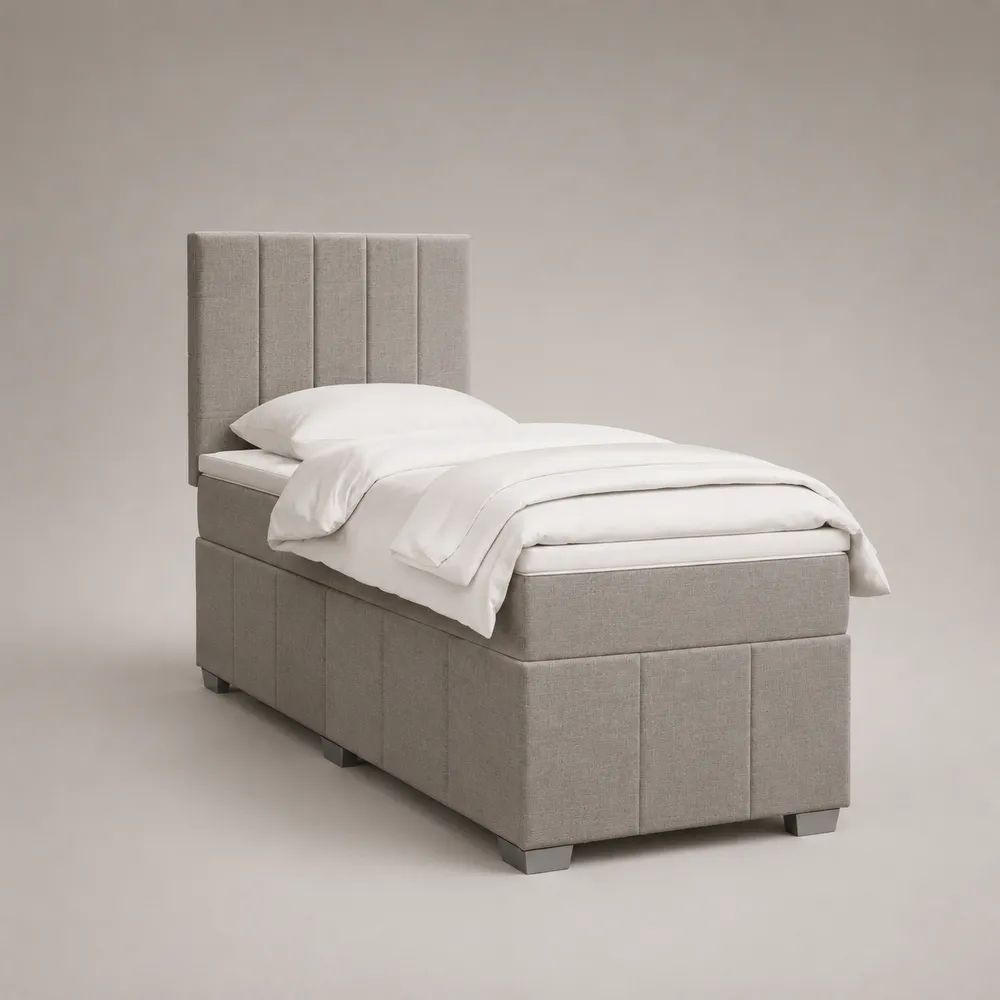 Struttura letto singolo imbottita in tessuto grigio chiaro con testiera alta, superficie 90 x 200 cm, dimensioni 210 x 100 x 130 cm