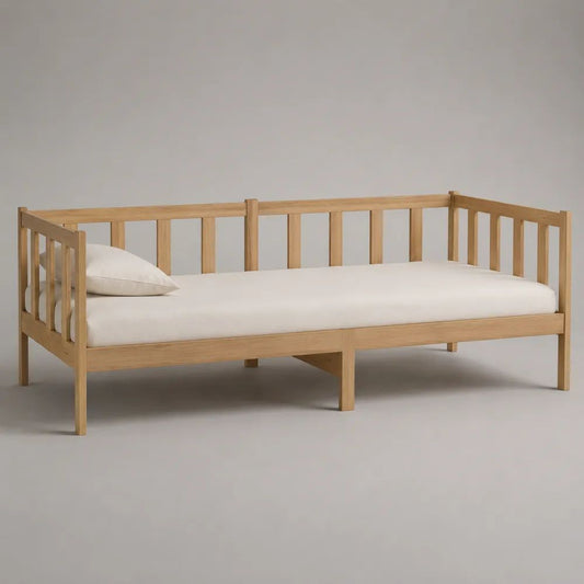 Letto singolo a divano 90 x 200 cm in legno massello di pino naturale con sponde e rete a doghe
