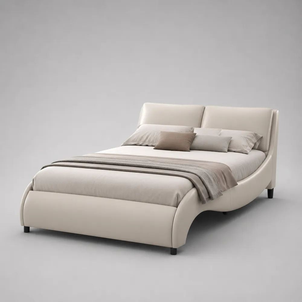 Letto matrimoniale imbottito 160 x 200 cm in pelle sintetica PU avorio con testiera, rete a doghe e struttura curva 180 x 224 x 112 cm