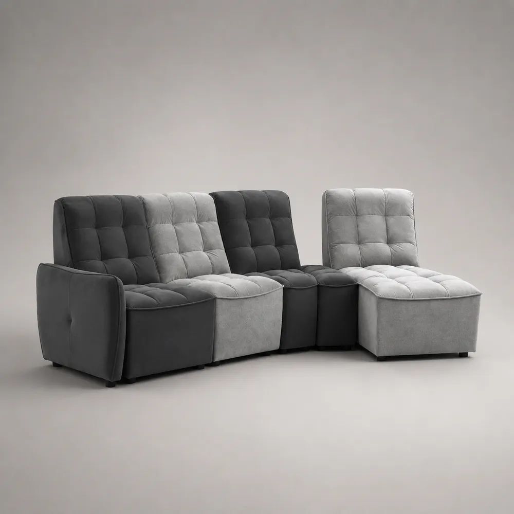 Divano angolare modulare 4 posti in velluto, 4 elementi con chaise longue destra, grigio chiaro e antracite, 305 × 160 × 98 cm