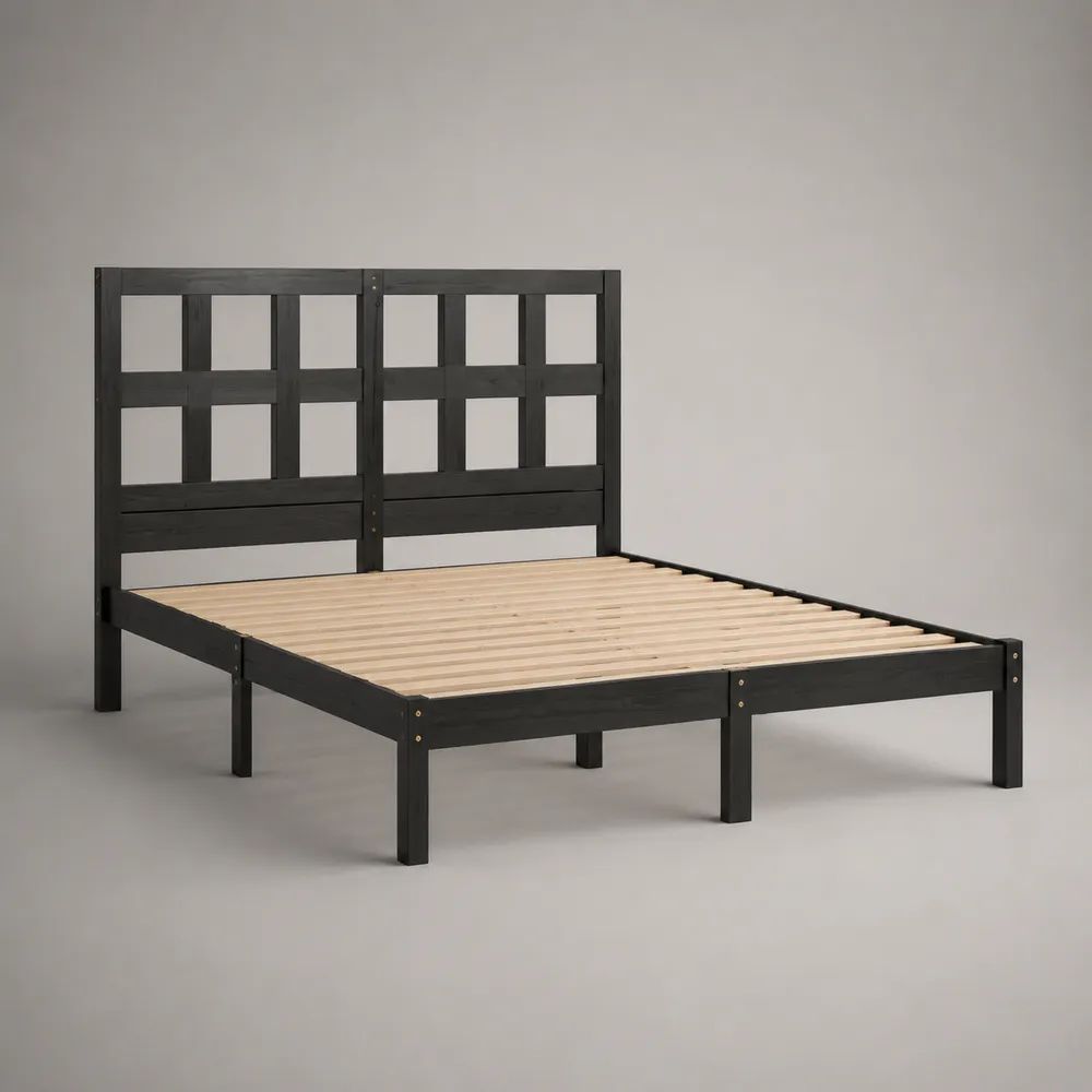 Letto matrimoniale in legno nero con testiera e rete a doghe, 167 x 207 x 140 cm, per materasso 160 x 200 cm
