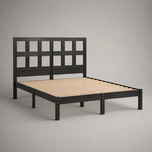 Letto matrimoniale in legno nero con testiera e rete a doghe, 167 x 207 x 140 cm, per materasso 160 x 200 cm