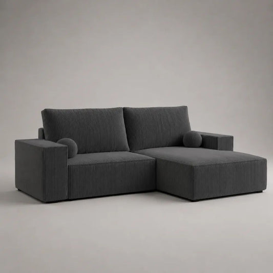 Divano angolare 3 posti con penisola destra in velluto a coste grigio antracite, 250 x 170 x 85 cm