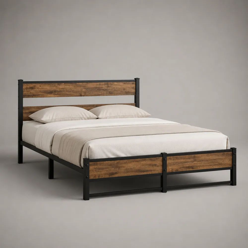 Letto matrimoniale 160 x 200 cm in acciaio e MDF, nero e marrone rovere, 208 x 166 x 110 cm