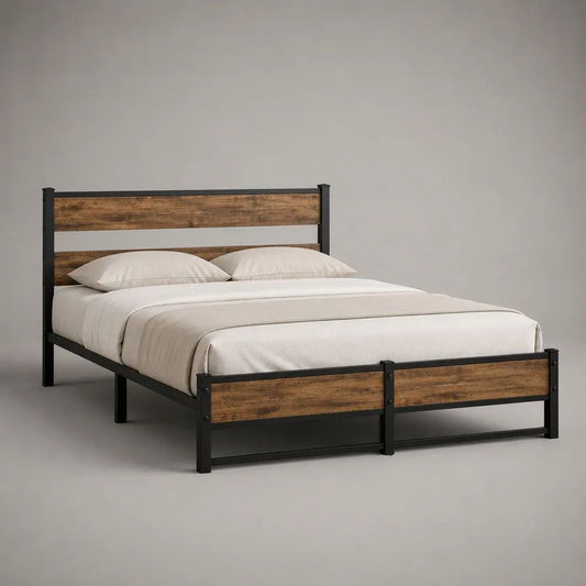 Letto matrimoniale 160 x 200 cm in acciaio e MDF, nero e marrone rovere, 208 x 166 x 110 cm