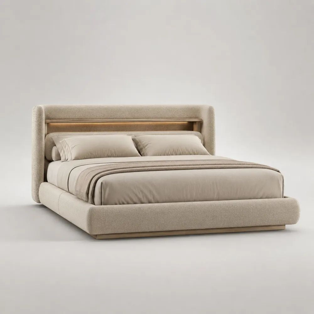 Letto matrimoniale imbottito 160 x 200 cm in tessuto bouclé beige e marrone chiaro con testiera e rete a doghe