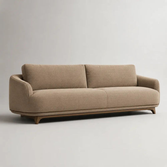 Divano rettangolare 3 posti in tessuto beige con struttura in legno e piedini in legno massello, 220 × 95 × 82 cm