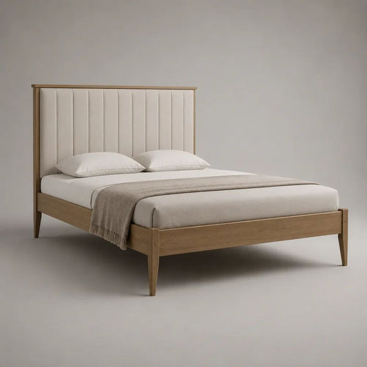 Letto matrimoniale 160 × 200 cm in legno color rovere naturale con testiera imbottita beige