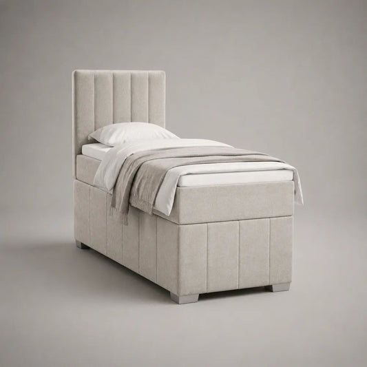 Letto singolo imbottito beige 90 × 200 cm con testiera scanalata in tessuto