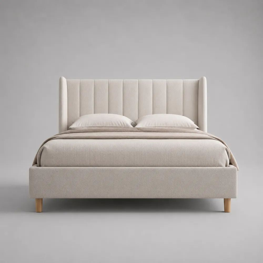 Letto matrimoniale imbottito 160 x 200 cm in poliestere beige con testiera a pannelli verticali, 181 x 218 x 120 cm