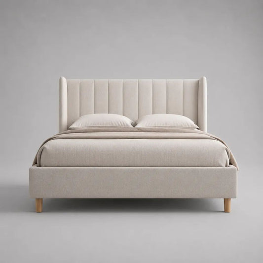 Letto matrimoniale imbottito 160 x 200 cm in poliestere beige con testiera a pannelli verticali, 181 x 218 x 120 cm