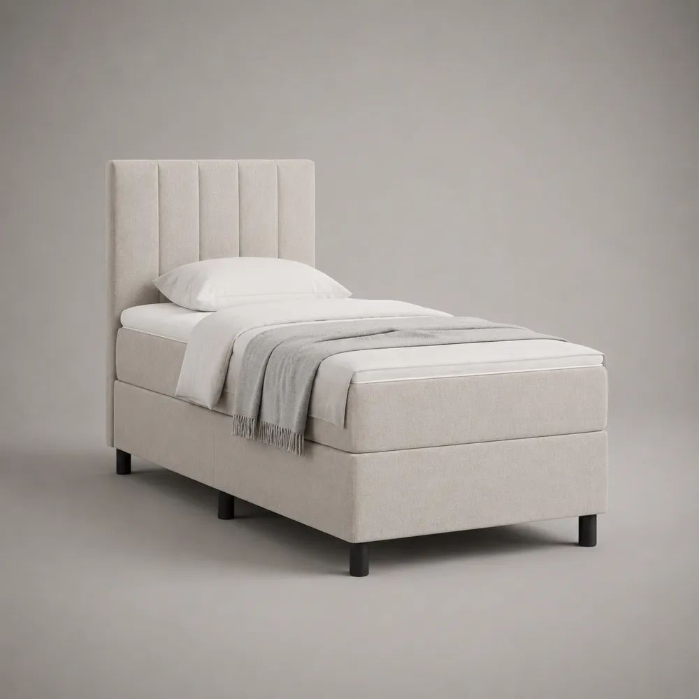 Letto singolo imbottito beige chiaro 100 × 208 × 120 cm con testiera a pannelli e materasso 90 × 200 cm