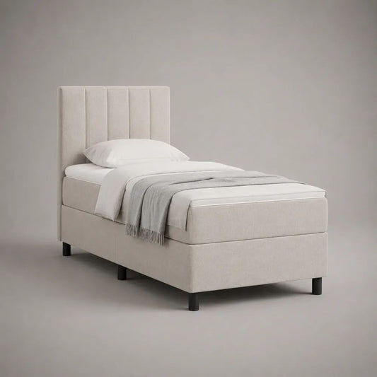 Letto singolo imbottito beige chiaro 100 × 208 × 120 cm con testiera a pannelli e materasso 90 × 200 cm