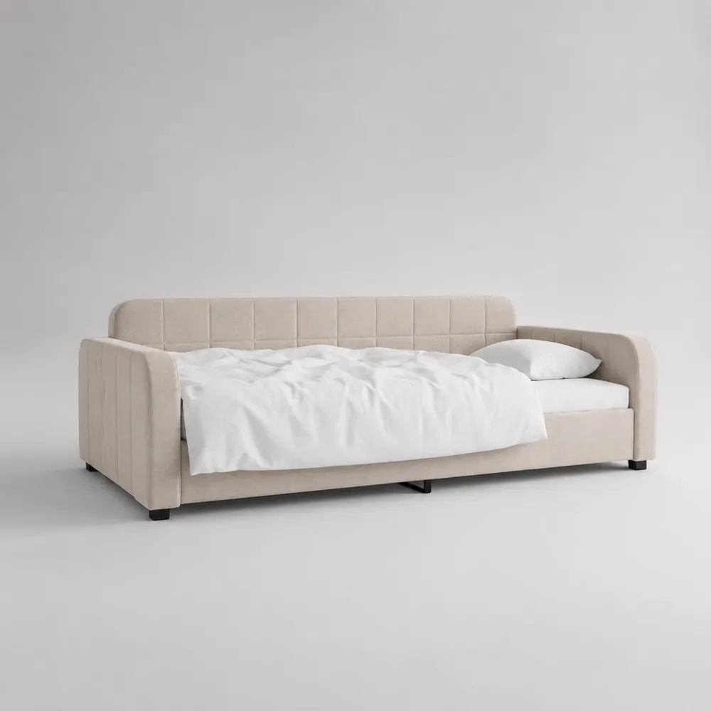 Letto singolo imbottito beige 220 x 100 x 85 cm con rete 90 x 200 cm, schienale e braccioli