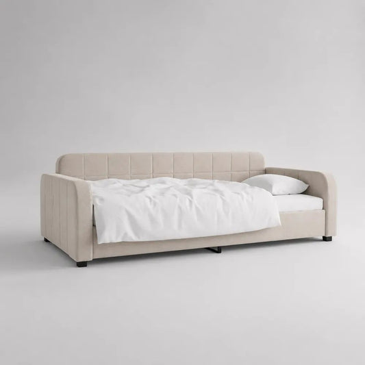 Letto singolo imbottito beige 220 x 100 x 85 cm con rete 90 x 200 cm, schienale e braccioli