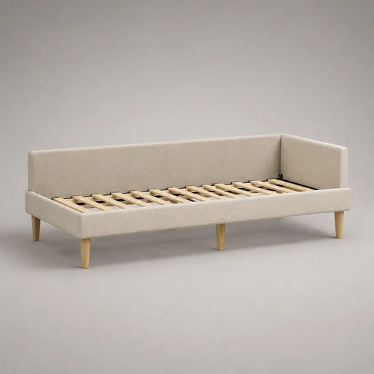 Letto singolo imbottito beige 90 × 200 cm con rete a doghe, schienale e sponda laterale, 213 × 101 × 82 cm
