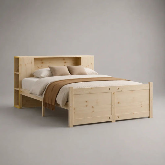 Letto matrimoniale 160 x 200 cm in pino massello beige naturale con testiera a libreria e 2 cassetti