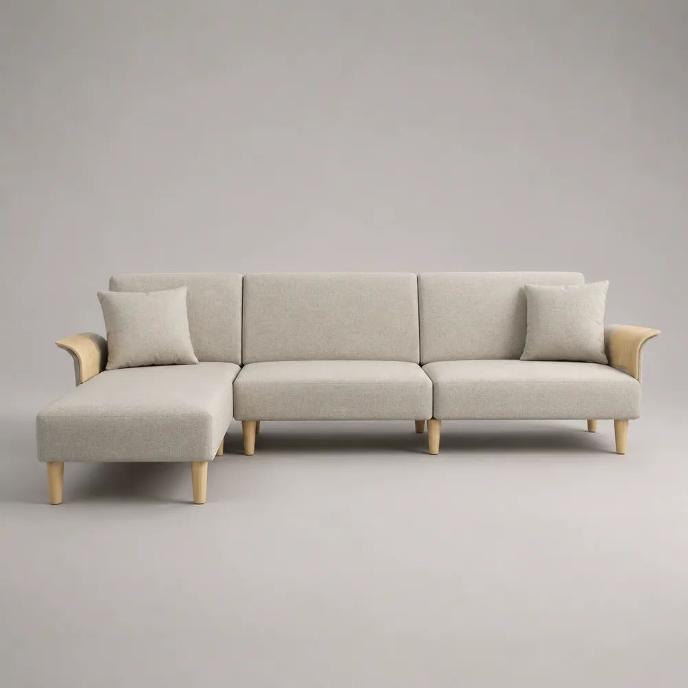 Divano angolare 4 posti con chaise longue sinistra in poliestere bouclé beige chiaro e legno naturale, 280 x 150 x 84 cm