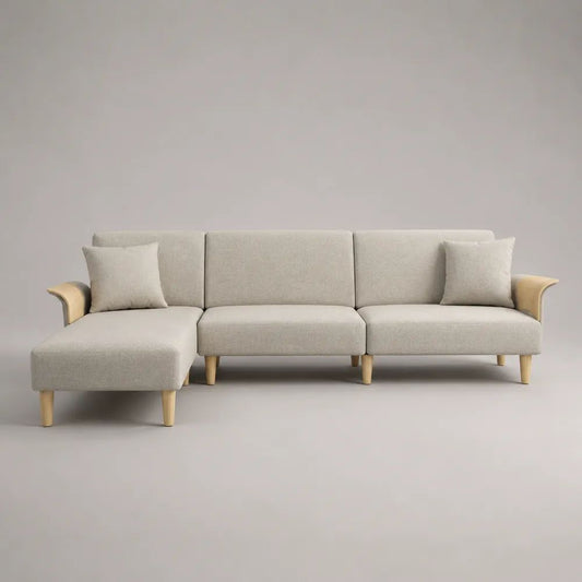 Divano angolare 4 posti con chaise longue sinistra in poliestere bouclé beige chiaro e legno naturale, 280 x 150 x 84 cm