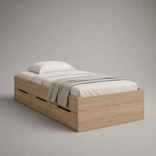 Letto singolo rettangolare con 4 cassetti in pannelli di particelle effetto rovere naturale, 96 × 205 × 60 cm, per materasso 90 × 200 cm