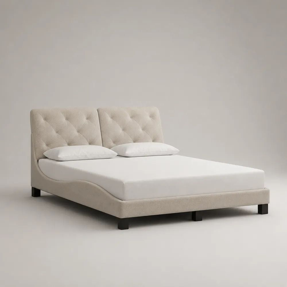 Letto matrimoniale imbottito in poliestere beige con testiera capitonné, materasso 160 x 200 cm, dimensioni 172 x 215 x 110 cm