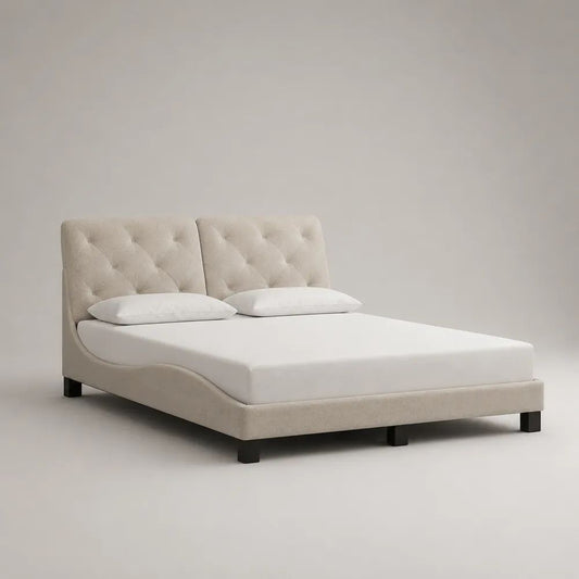 Letto matrimoniale imbottito in poliestere beige con testiera capitonné, materasso 160 x 200 cm, dimensioni 172 x 215 x 110 cm