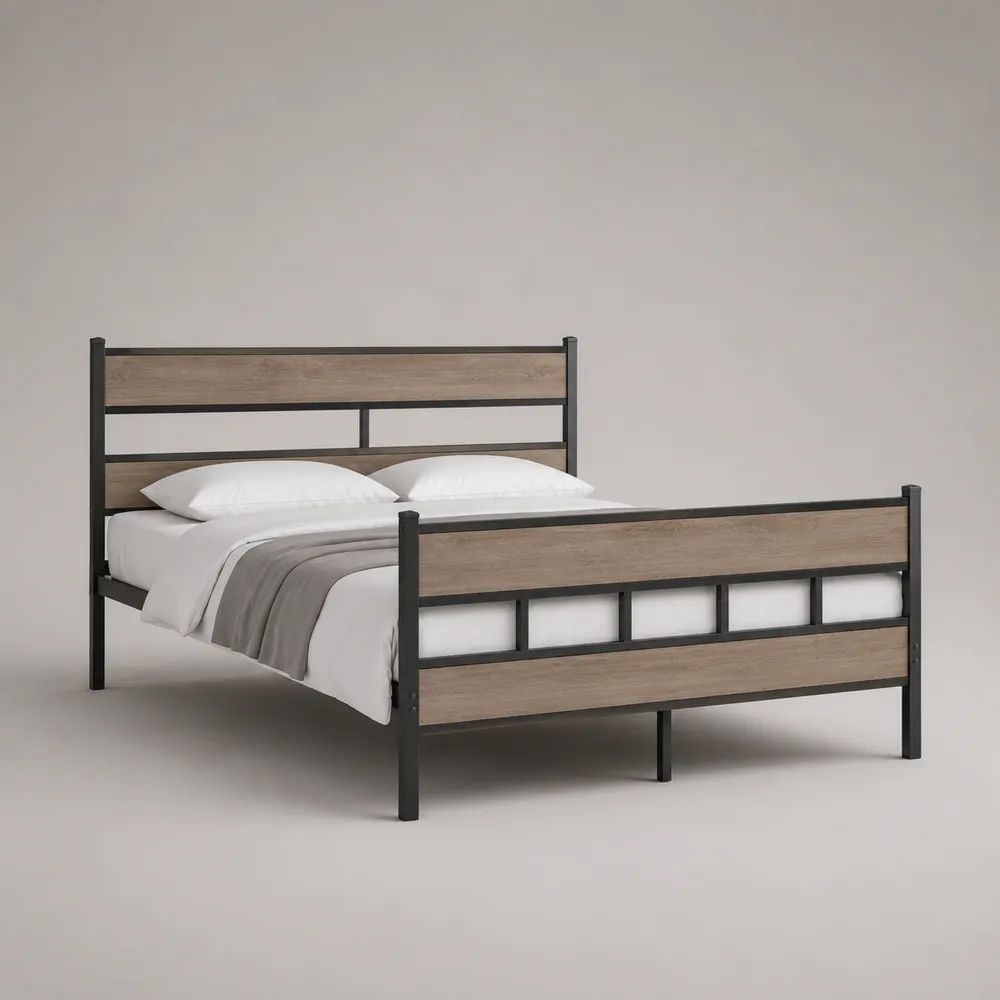 Letto matrimoniale 160 x 190 cm in acciaio e pannelli MDF, 204 x 166 x 110 cm, rovere naturale e nero