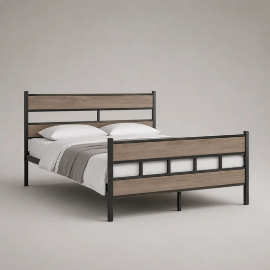Letto matrimoniale 160 x 190 cm in acciaio e pannelli MDF, 204 x 166 x 110 cm, rovere naturale e nero