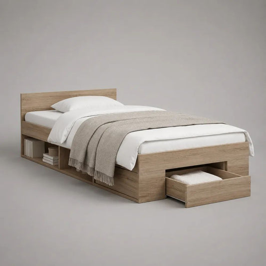 Letto singolo contenitore in pannello truciolare effetto rovere naturale con cassetto e 3 vani, materasso 90 × 200 cm