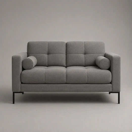 Divano 2 posti grigio in tessuto con 2 cuscini cilindrici, 180 × 82 × 86 cm