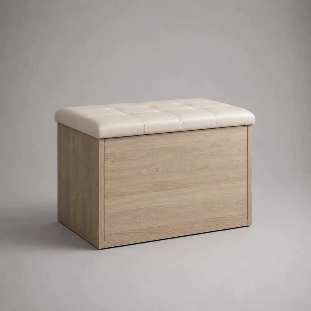 Panca contenitore rettangolare in pannello truciolare e similpelle PU, rovere chiaro e bianco, 80 x 40 x 50 cm